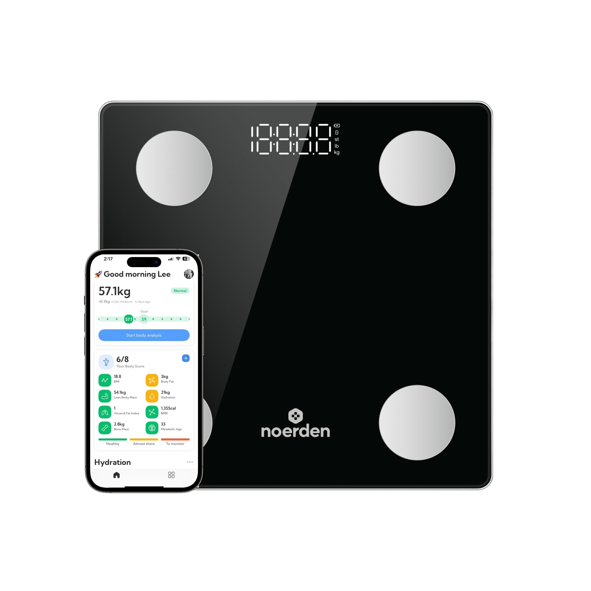 NOERDEN - Báscula Inteligente VITA - Báscula de Peso Corporal - Tecnología Step-On, Bluetooth, Pantalla LED y Vidrio Templado - Analiza 13 Métricas Corporales - Negro