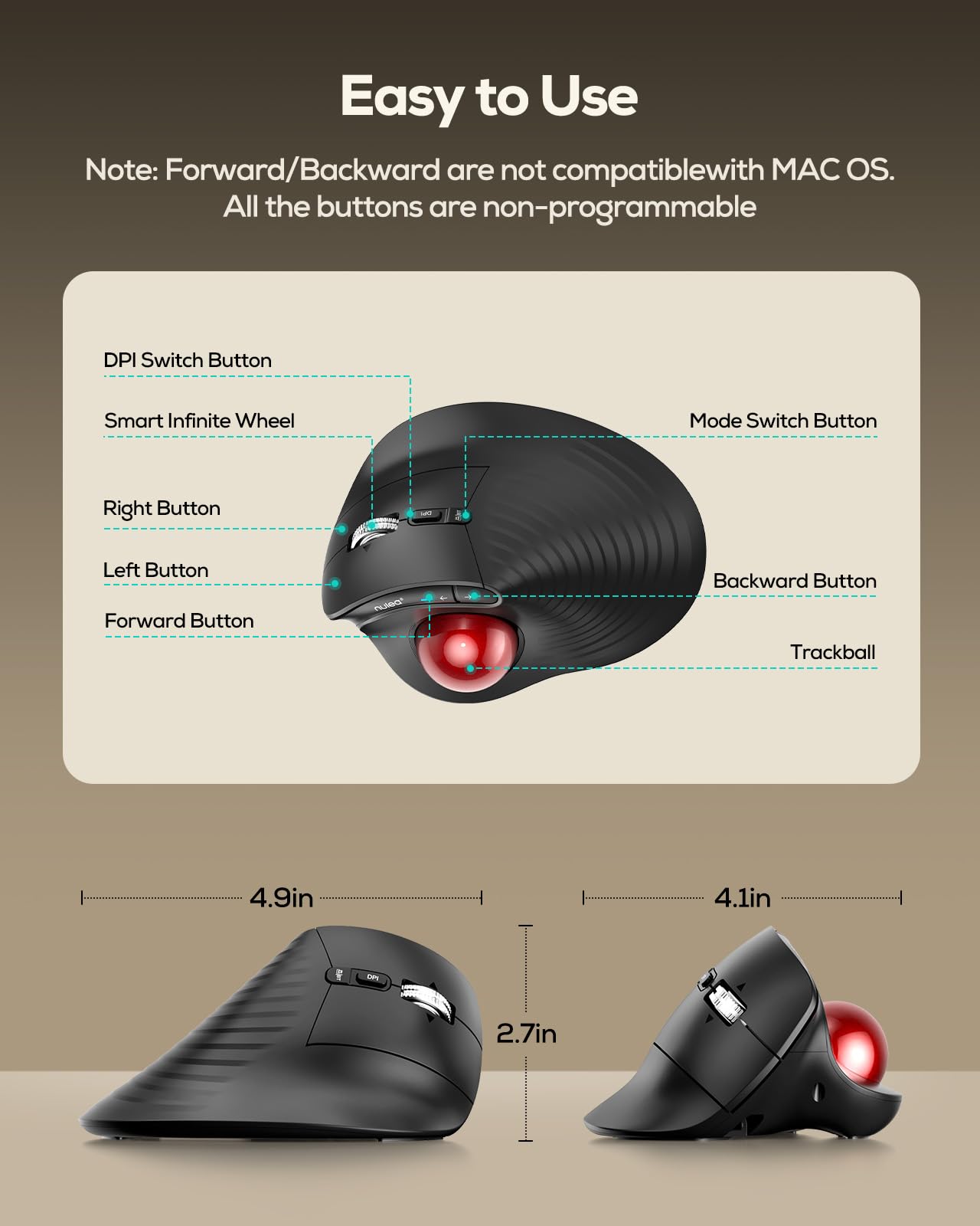 Nulea M514 Souris Trackball Verticale, Ergonomique sans Fil à Contrôle du Pouce, Cliques Silencieux, Connexion 3 Appareils (Bluetooth & USB), Rechargeable pour PC/Mac/Laptop/Tablet