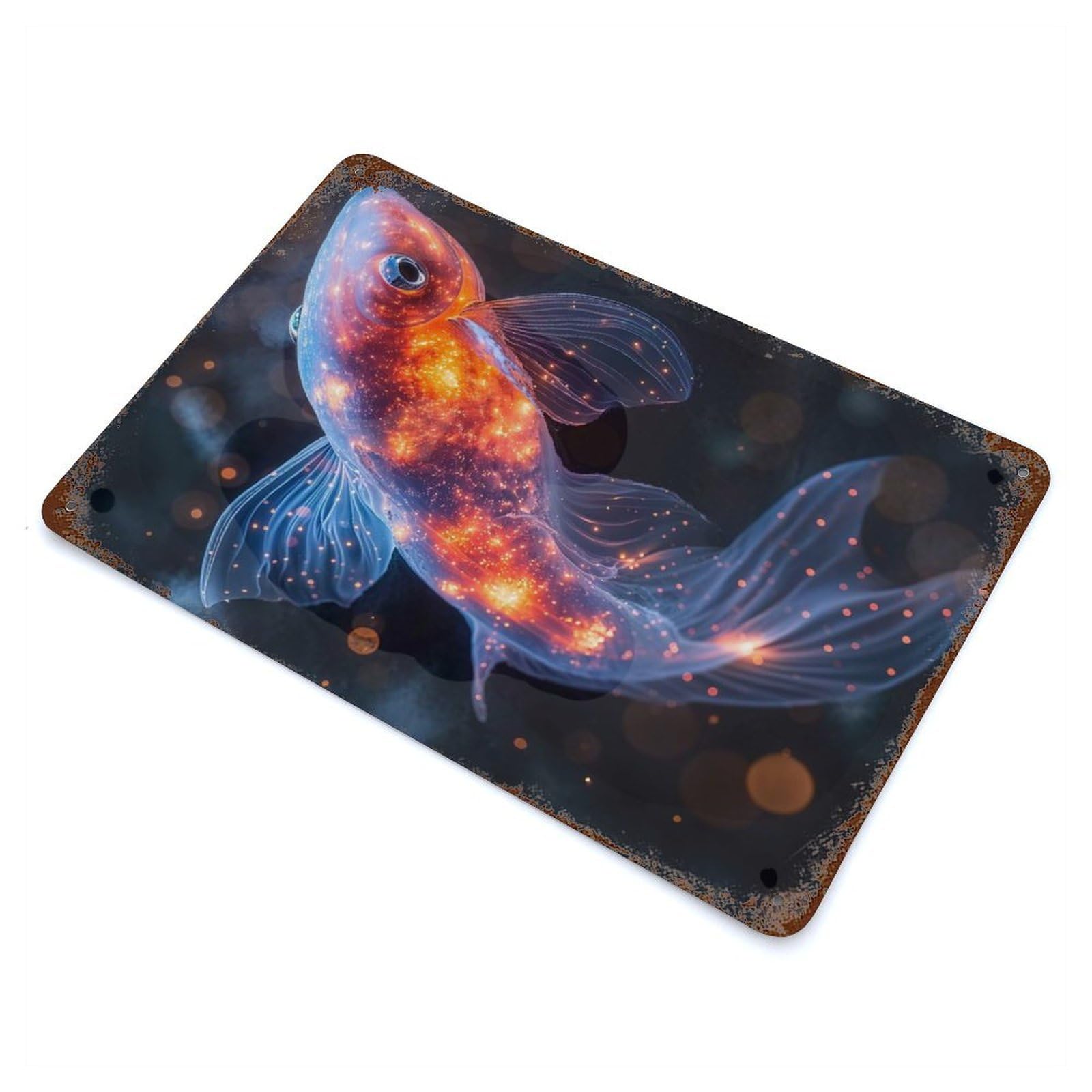 Vintage Rust Metal Sign with Cosmic Goldfish Design 11.8"x7.9", for Garage, Bar And Workshop Decor, Retro Wall Decor