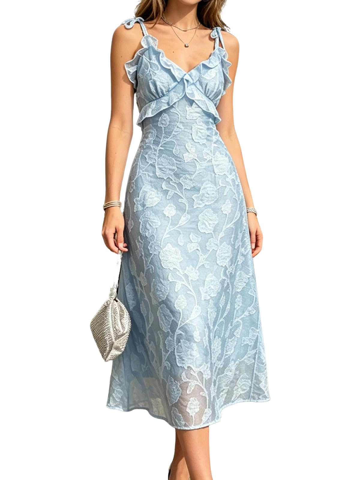 Photo 1 of RIHOAS Women's Blue Floral Spaghetti Strap Ruffle Maxi Sundress, Semi-Formal Spring Wedding Guest Dress