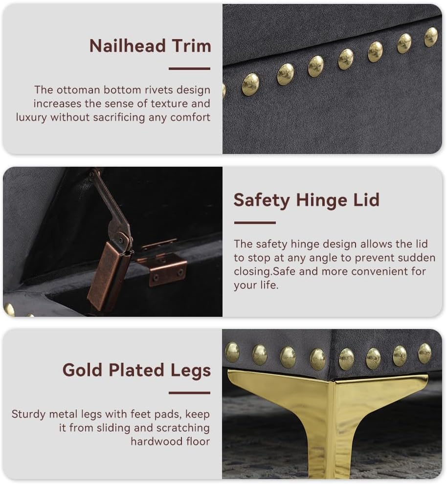 2Pcs Ottoman with Storage - 48 Inch End of Bed Storage Bench + 43 Inch Ottoman Bench Footrest Stool,Nailhead Trim,Upholstered Storage Ottoman for Bedroom,Entryway, Living Room(Grey)