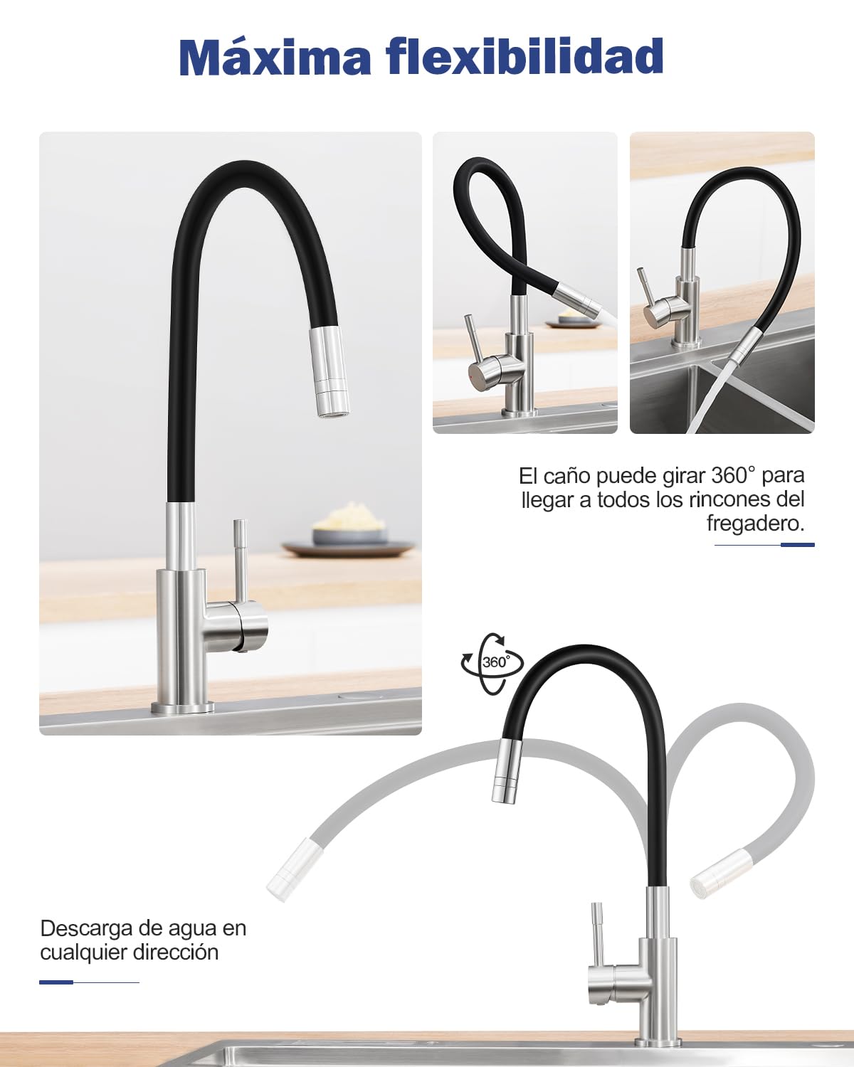 Grifo de Cocina Flexible Negro Con 2 Chorros de Agua, Mezclador de 360°, Caño Flexible, Fregadero de Alta