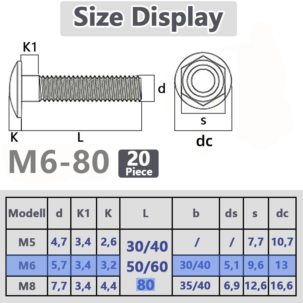 SHUNCHG M6x80 Coach Bolts, Cup Square Carriage Bolt and Nut Pack of 20, M6 (6mm) X 80 mm,Coach Bolts with Hexagon Nuts - Image 3