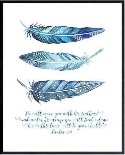 He Will Cover You With His Feathers Wall Art - Psalm 91 - Feather Wall Decor - Bible Verses Wall Art - Scripture Wall Decor - Christian Gifts -