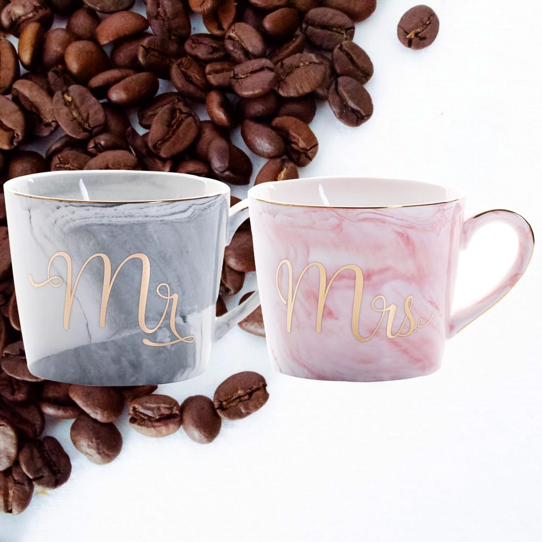 BlissHomes Anniversary Gift for Couple Combo Gift Pack of 2 Ceramic Mr and Mrs Marble Coffee Mug Tea Cup Set 350ml