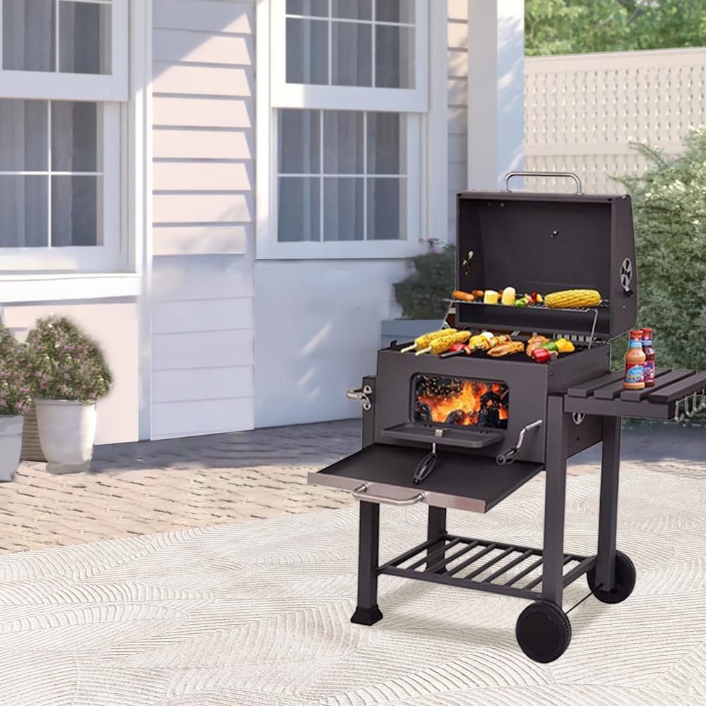 Stalowy grill węglowy z kółkami, grill węglowy z bocznymi półkami (107 x 115 x 68 cm)