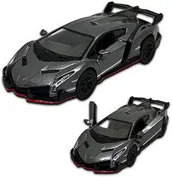 Carrinho De Ferro Miniatura Lamborghini Veneno 13 CM, em metal, 1/36, Rodinhas de borracha com Fricção, Miniatura de carro colecionável, Kinsmart (Cinza escuro)