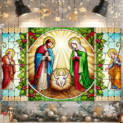 BlissYard Nativity Stained Glass Banner Holy Family Birth of Jesus