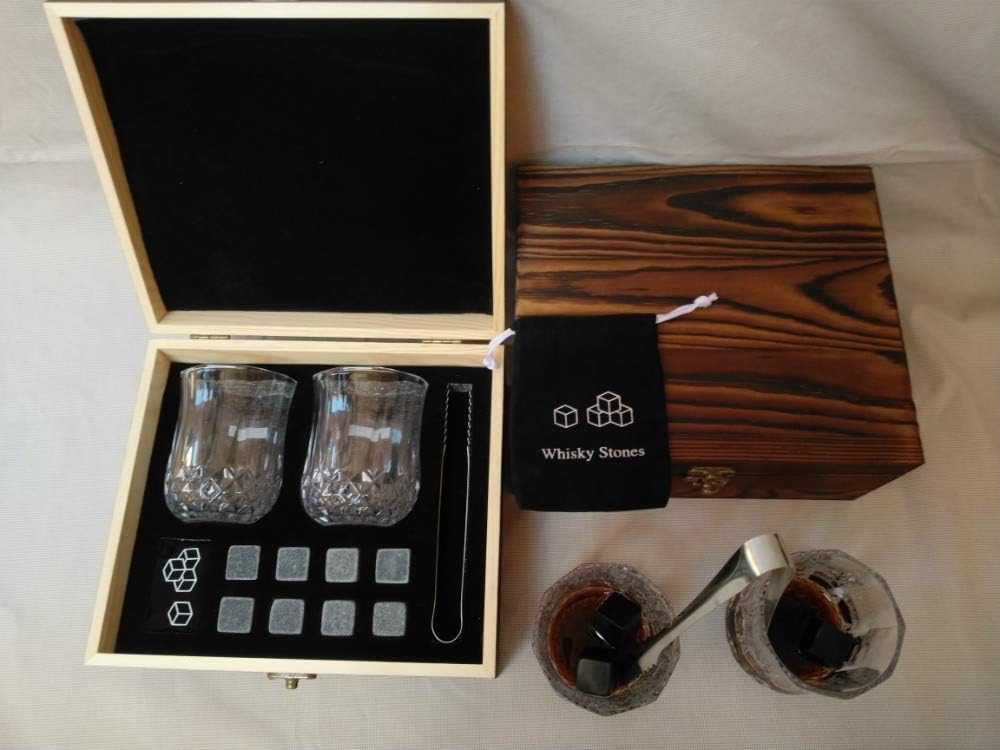 Whiskey Glass Set - Bourbon Whiskey Stones Gift Set - 8 Whiskey Rocks Reusable Chilling Stones and 2 Crystal Bourbon Whiskey Glasses in Wooden Box - Gifts for Men Dad for Birthday Fathers Day