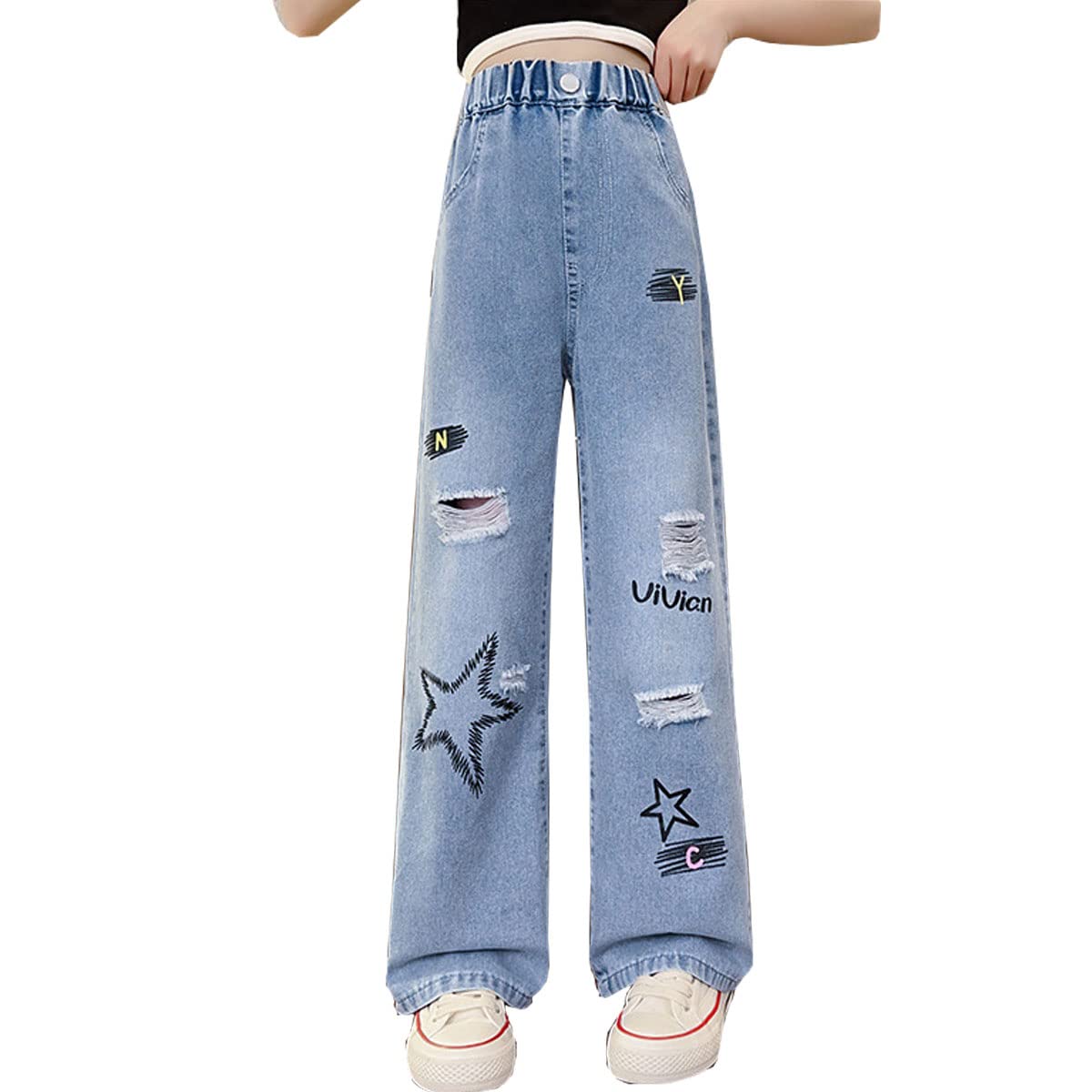 Jeans rasgados para niñas y niñas, cintura elástica, pierna ancha, holgados, talla 5-14 años