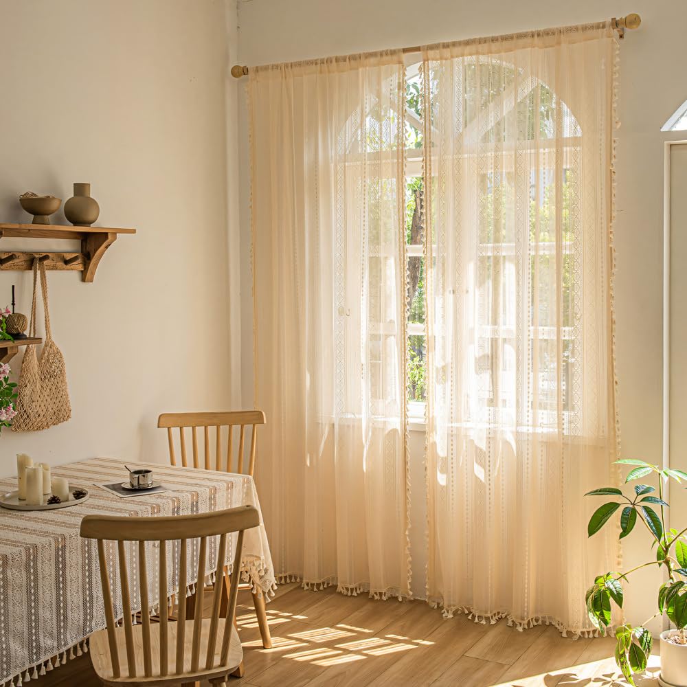 BDKMMS Boho Lace Curtains, 2 Panels Breathable Semi-sheer Drapes with Tassels Lightweight Boho Lace Drapes for Living Room, Bedroom, Windows