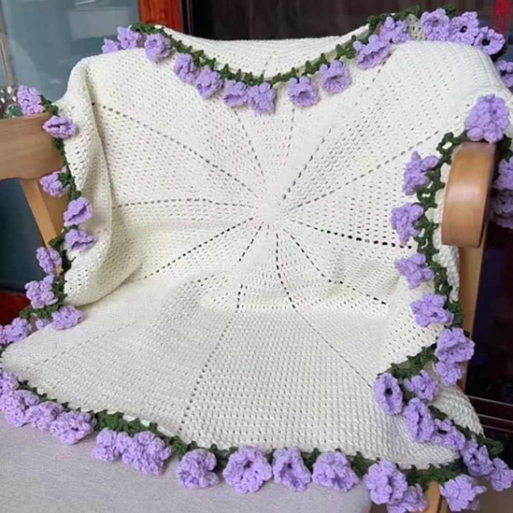 DIY Flower Bouquet Blanket, Handmade Crochet Blanket kit, 43" Rose Crochet Flower Blanket, Romantic Gifts for Mom Grandma Birthday(Purple)