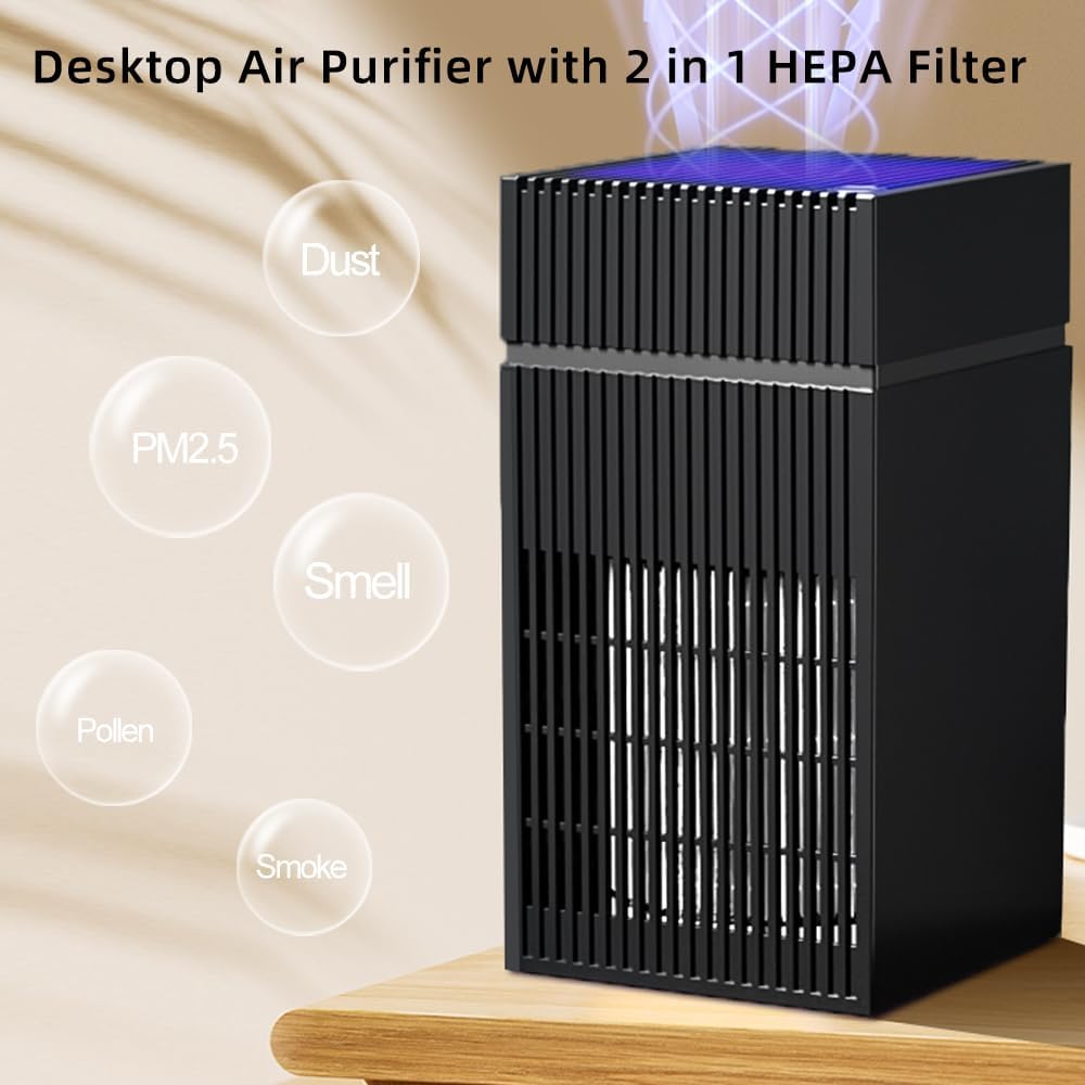 Desktop USB Air Purifiers for Office, Desk, Small Room, Bedroom, Home, Office, HEPA Air Purifier for Pollen Dust Odor, No Adapter (Black) - Image 7