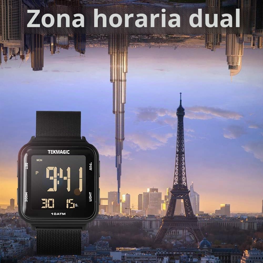 Reloj Natación Sumergible Hombre Impermeable 100 Metros con Banda de Acero Inoxidable, Despertador, Cronometro, Hora Dual, Calendario, Formato de 12 o 24 Horas