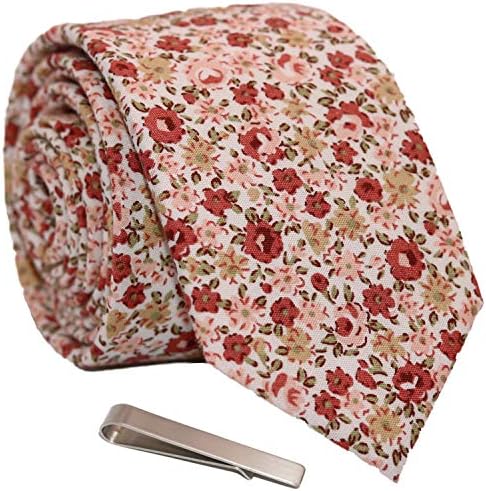 Men's Skinny Tie Floral Print Cotton Necktie and Tie Bar Clip Sets, Great for Weddings, Groom, Groomsmen, Dances, Gifts