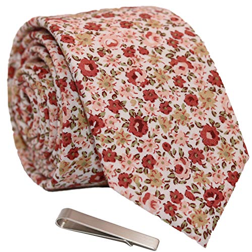 Image of Men's Skinny Tie Floral Cotton Necktie and Tie Bar Clip Sets, Great for Weddings,Groom,Groomsmen