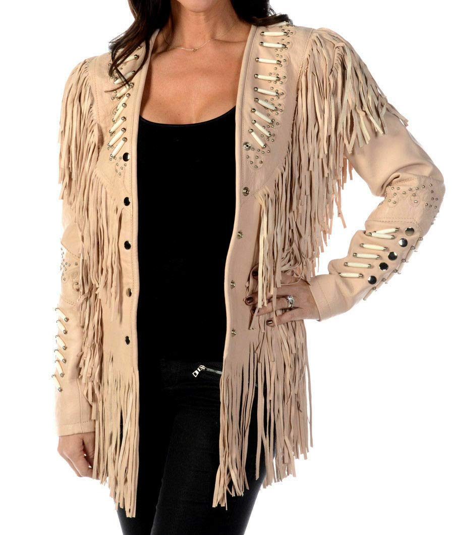 Women Fringe Leather Jacket Western Cowgirl Coat Native American Beaded Suede Fringe Jacket