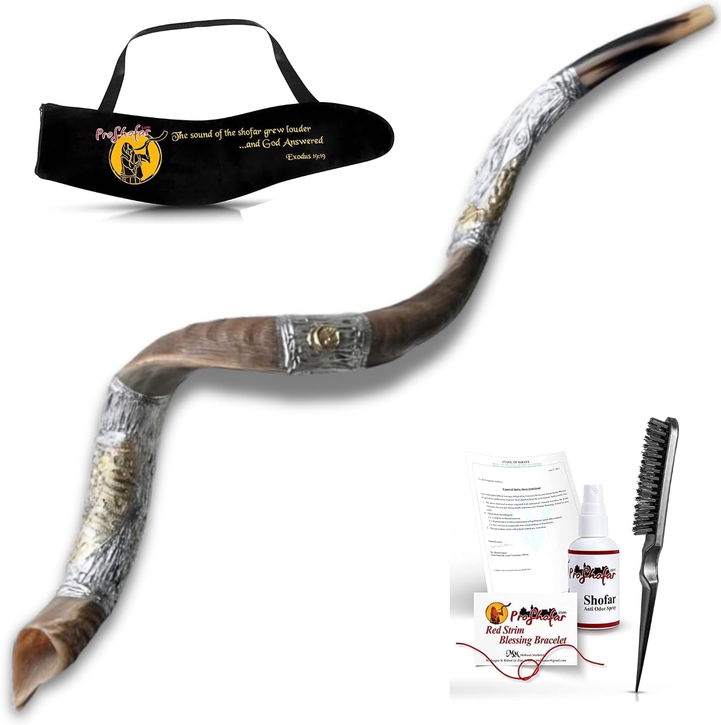 Kosher Kudu Shofar from Israel, 925 Sterling Silver With Gold Plating, Officially Signed Certificated Yemenite Kudu Shofar, Made in Israel (20"-24", Jerusalem)