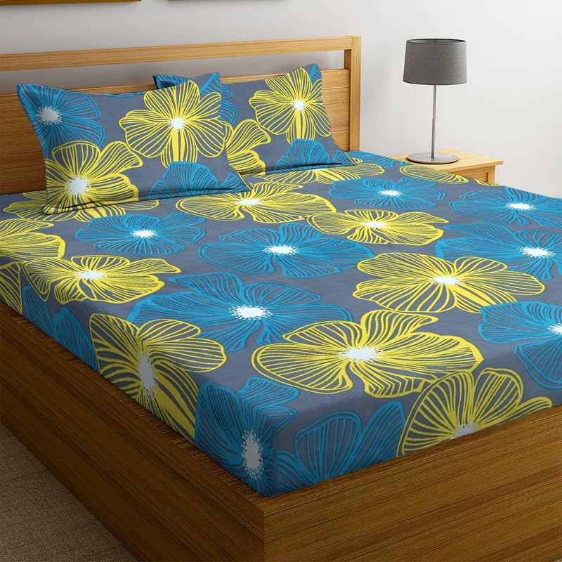 Image of NEW LEAF Premium Cotton Elastic Fitted Bedsheets with 2 King Size Pillow Covers | Double Bed with All Around Elastic 180 TC Supersoft |Size-72 King Sizex78+10 inches | Green & Yellow