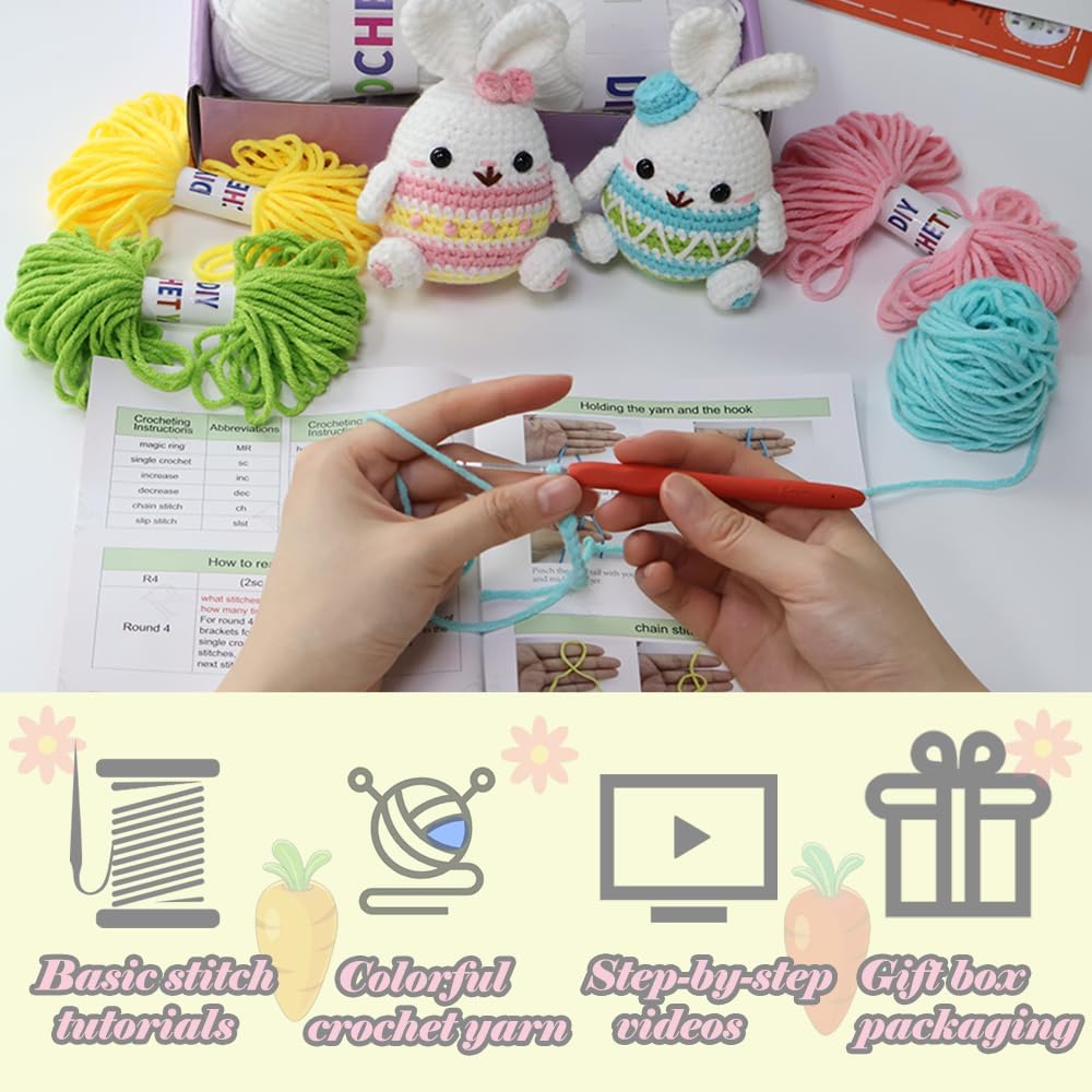 Yarniss Crochet Kit for Beginners,Easter Crochet Bunny Kit with Yarn,Crochet Starter Kit for Rabbit with Video Tutorials