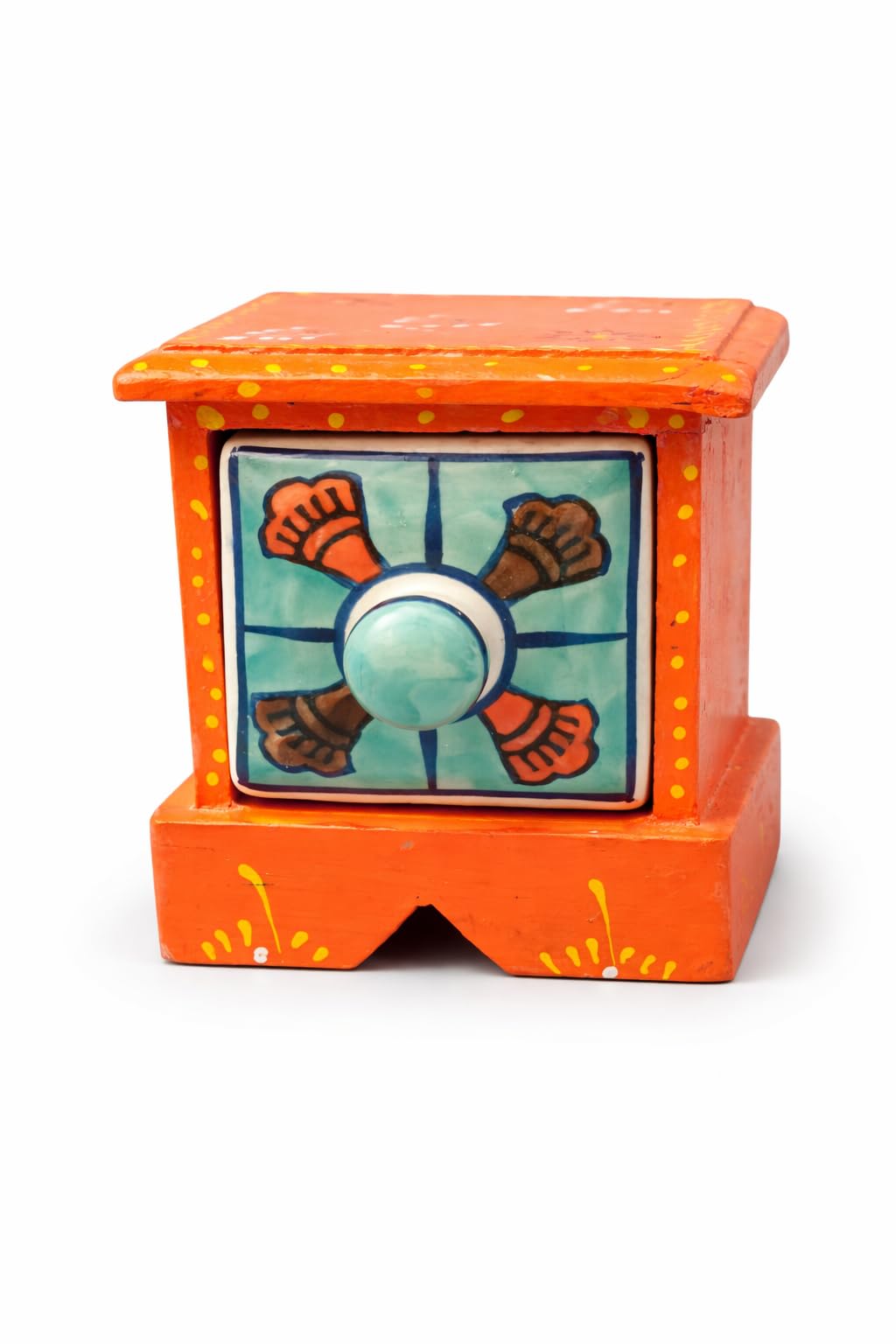 Handcrafted Wooden Mini Drawer Organizer (1 Drawer) with Ceramic Knob | Orange Decorative Storage Box | Jewelry, Ring & Makeup Organizer | Vintage Hand-Painted Home Décor-picture-27