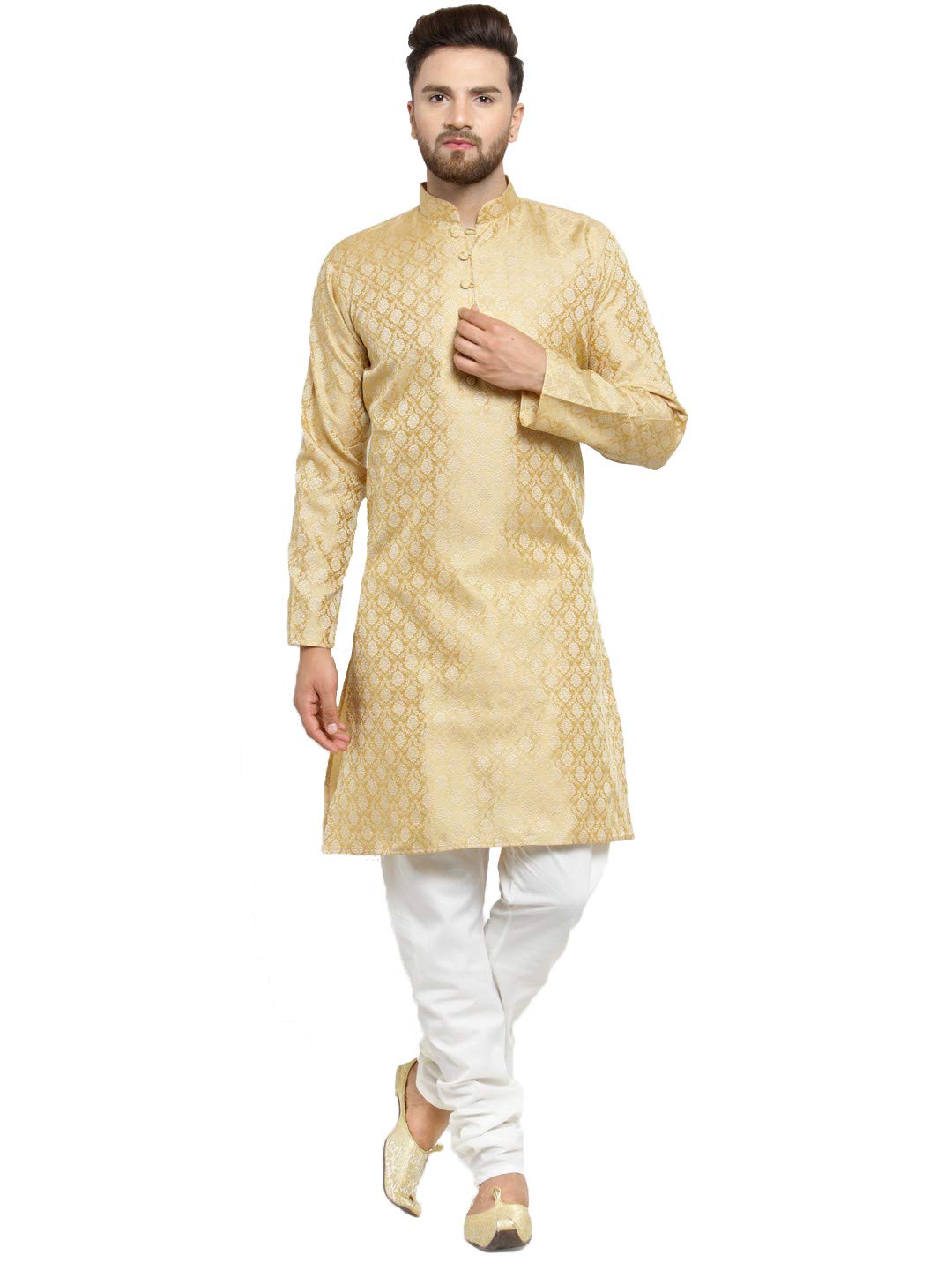 Jompers Men's Silk Kurta Pyjama Set (Golden, Medium)