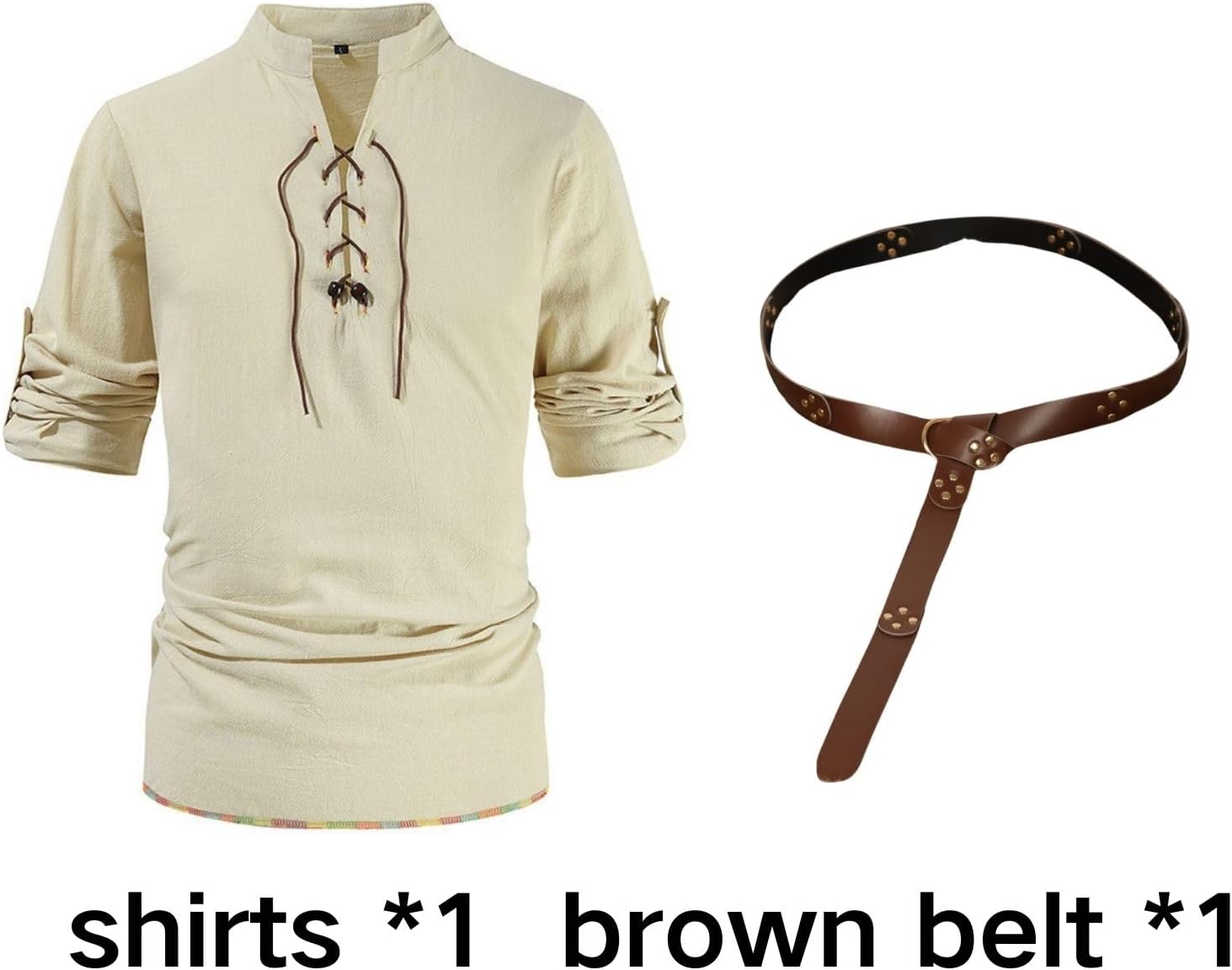 Men's Medieval Henley Shirt 2Pcs Long Sleeve with Belts Pirate Viking Halloween Cospaly