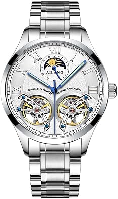 AILANG Mens Skeleton Watches Automatic Mechanical Watch with Dual Balance Wheels Silver White-B