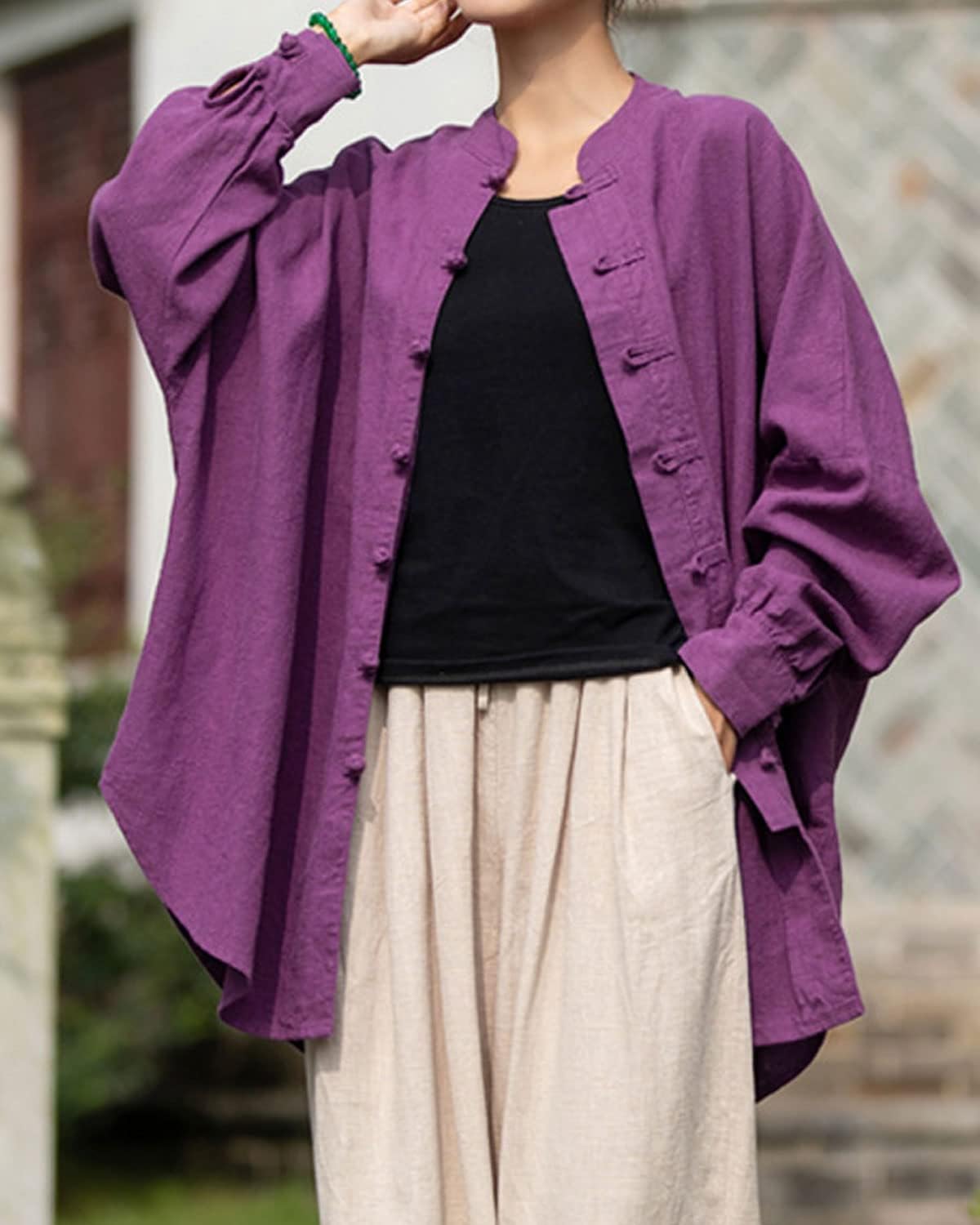 Women's Linen Oversized Blouses Vintage Long Sleeve Jackets Loose fit Chinese Frog Shirts - Image 2