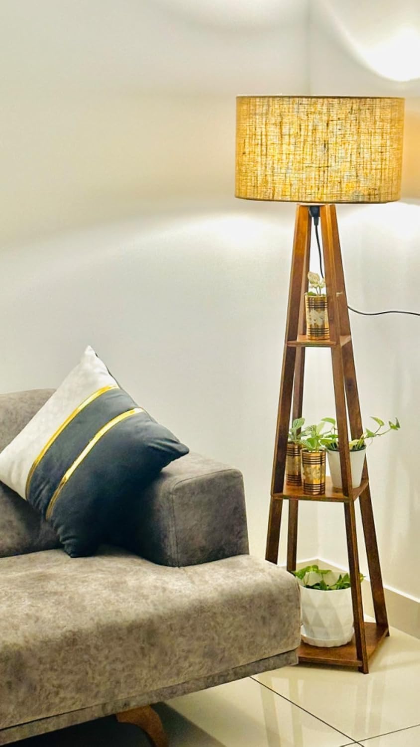 Wooden Floor lamp Modern Designed Jute Fabric with Khadi Shade Lamps for Home Decoration, Living Room, Bedroom Multiutility Floor Lamps - Color : Beige, Natural Jute..