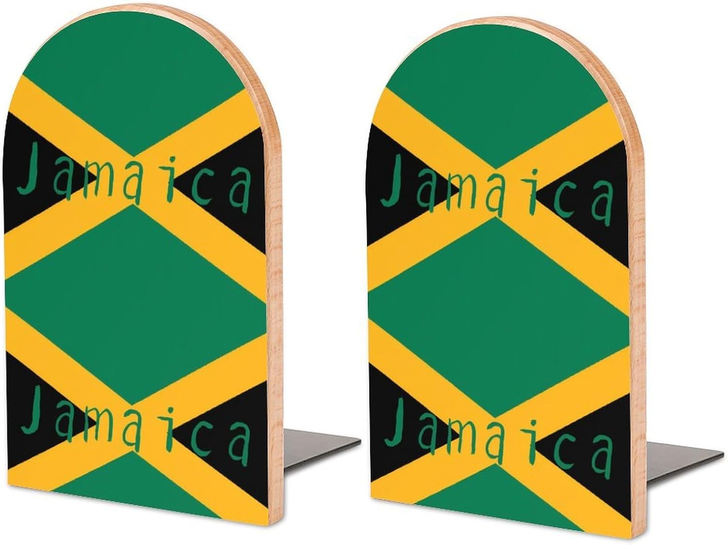 Flag of Jamaica Cute Wood Book Ends Decorative Bookends 1 Pair Non-Skid for Shelves Home Office 7 X 5 Inch