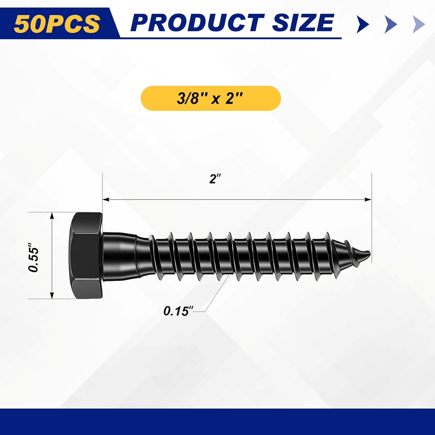 Zonon 50 Pcs 3/8'' X 2'' Inch Hex Lag Bolts 304 Stainless Steel Black Lag Screws 50 Screws and 50 Washers Industrial/commerical Grade