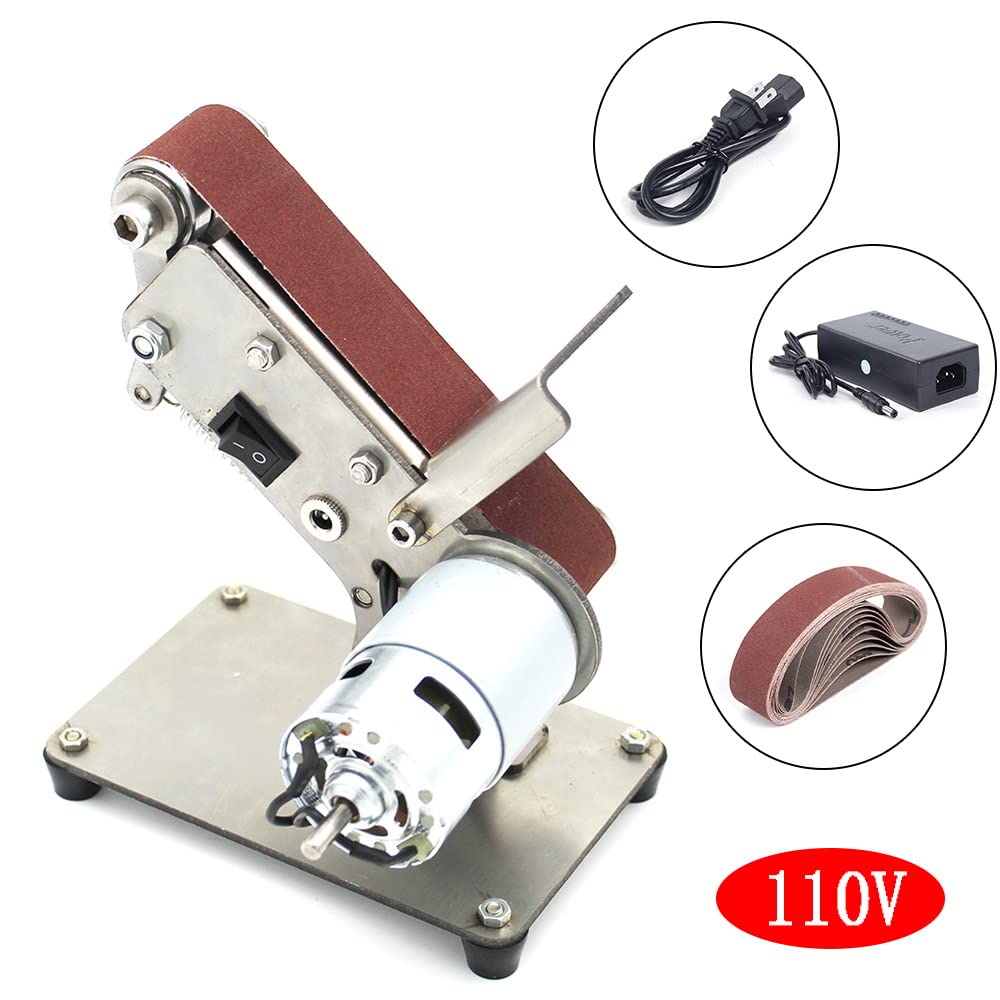 OUKANING Elektryczna szlifierka taśmowa 200 W, Mini Band Sander z regulacją 0-65° i 7-biegową regulacją (do 9000 obr./min), w zestawie 10 taśm szlifierskich do obróbki drewna/metalu, zmontowana