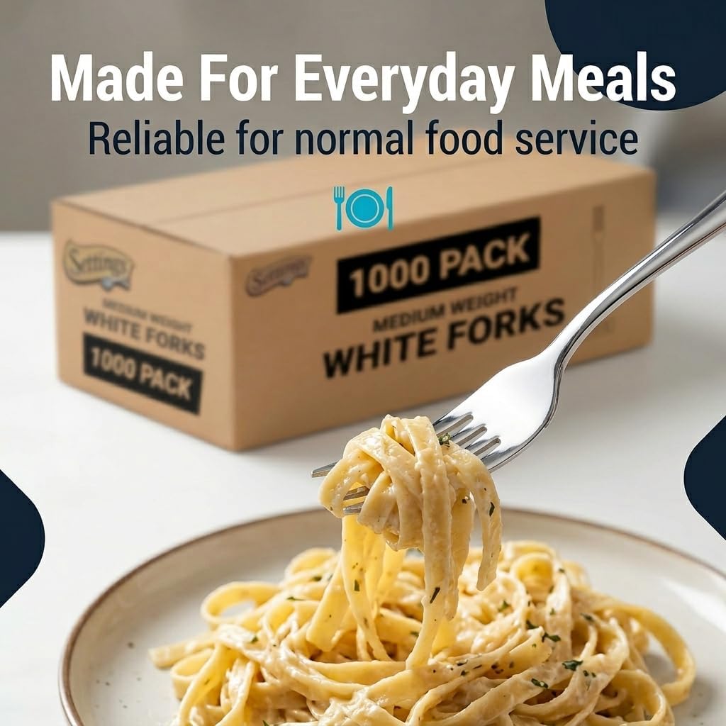Settings White Plastic Forks, 1000 Count - Heavy-Duty Disposable Forks, BPA-Free Bulk Plastic Cutlery for Parties, Weddings, Catering & Everyday Use