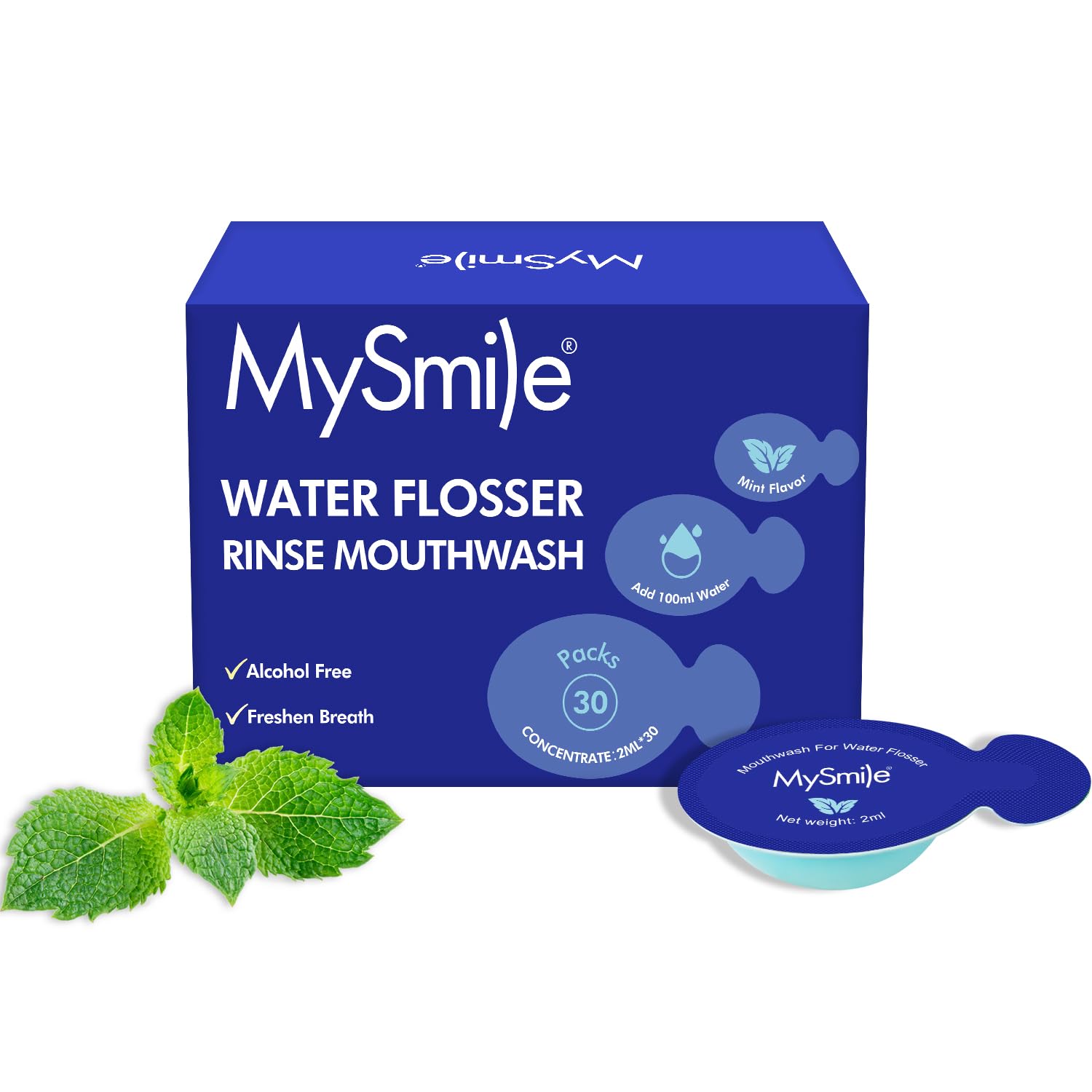 MySmile Water Flosser Mouthwash, Travel Size Concentrated Mouth Wash for Adults, 15x Concentrated Equals 200 FL oz, Alcohol Free for Bad Breath, Fresh Mint, (30 Uses, 0.06 fl oz)