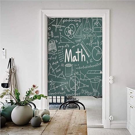 Amazon 数学教室の装飾 のれん おしゃれ 遮光 幅72丈0cm 図面の完全な数式ボード形状図形理論数学ワード 和風暖簾べ麻風キチンリビングロングカーテン ティールホワイト のれん オンライン通販