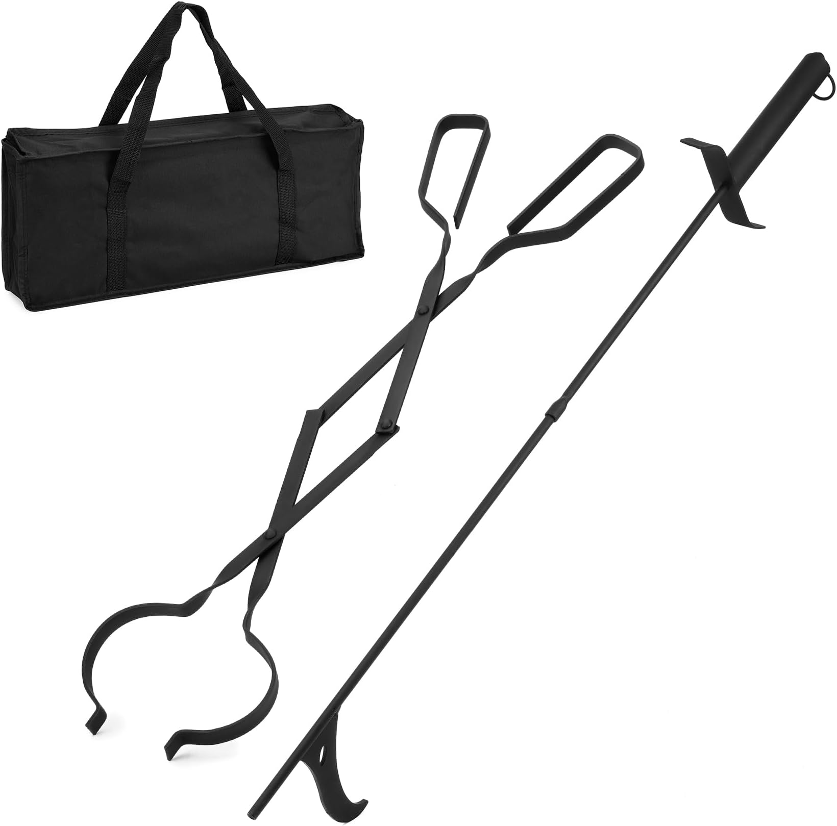 Heavy Duty Fireplace Fire Pit Campfire Bonfire Fire Tong and 32 inch Long Fire Poker Set with Traveling bag, firewood Grabber Tool for Wood-Burning for Solo Firepit Indoor and Outdoor use