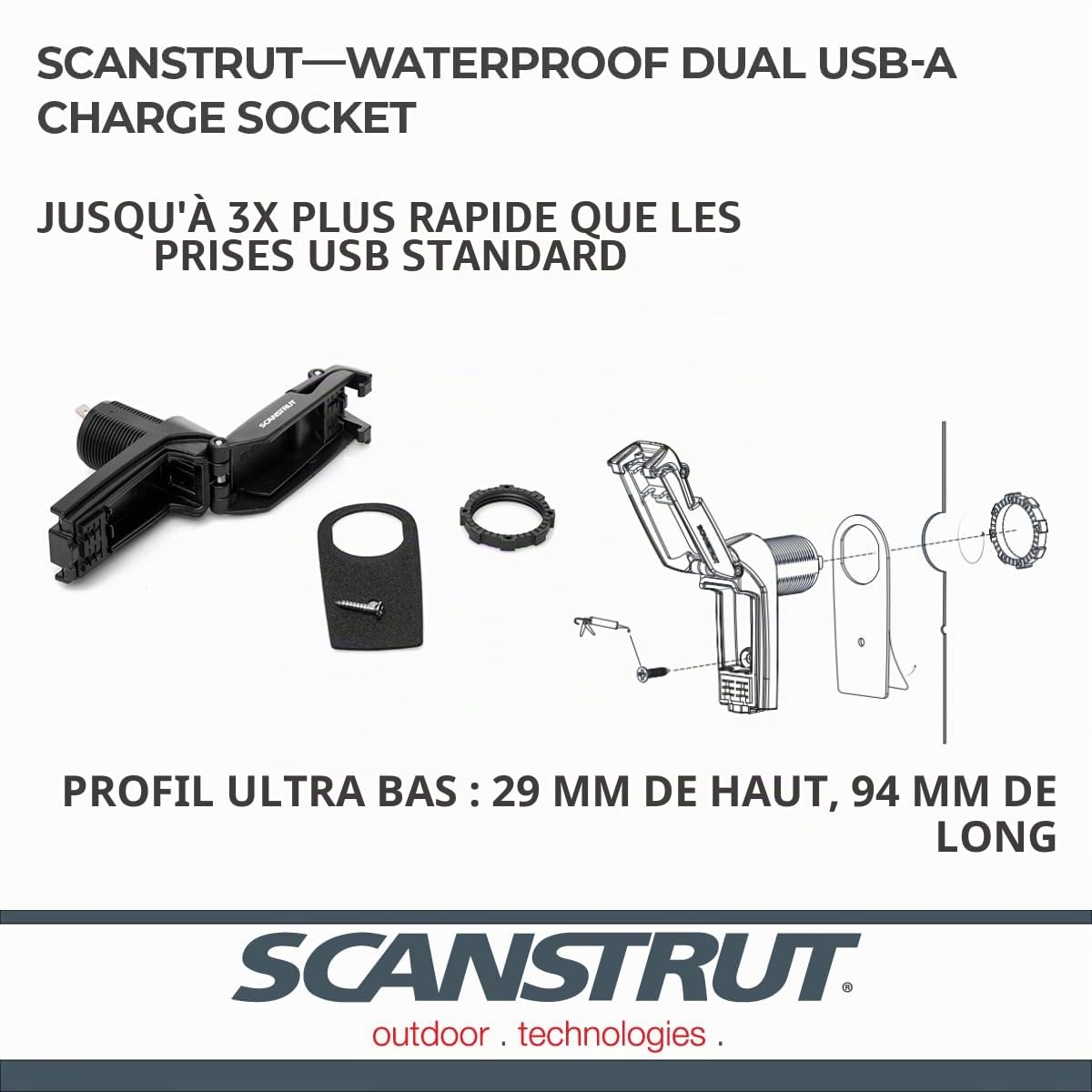 ROKK Scanstrut Charge Plus étanche Prise USB, Noir/Gris, Taille Unique