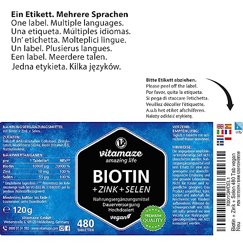 Biotin Hair Growth 10.000 mcg Complex - with Selenium and Zinc - 480 Days Supply for Hair, Skin and Nails - 480 Vegan Tablets - German Quality - Vitamaze® - Image 5