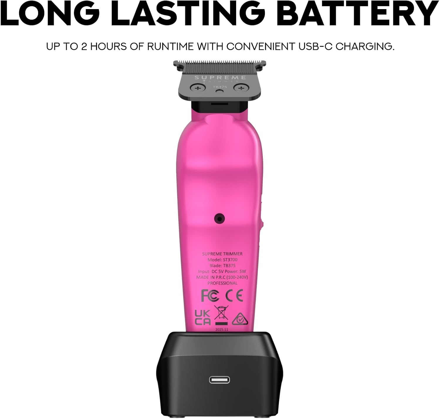 Supreme Trimmer Vader Lite ST3700 Professional Barber Trimmer – Ultra Sharp Zero Gap DLC T-Blade, 7000 RPM Cordless Detailer, USB-C Fast Charge, 120 Min Runtime (Pink)