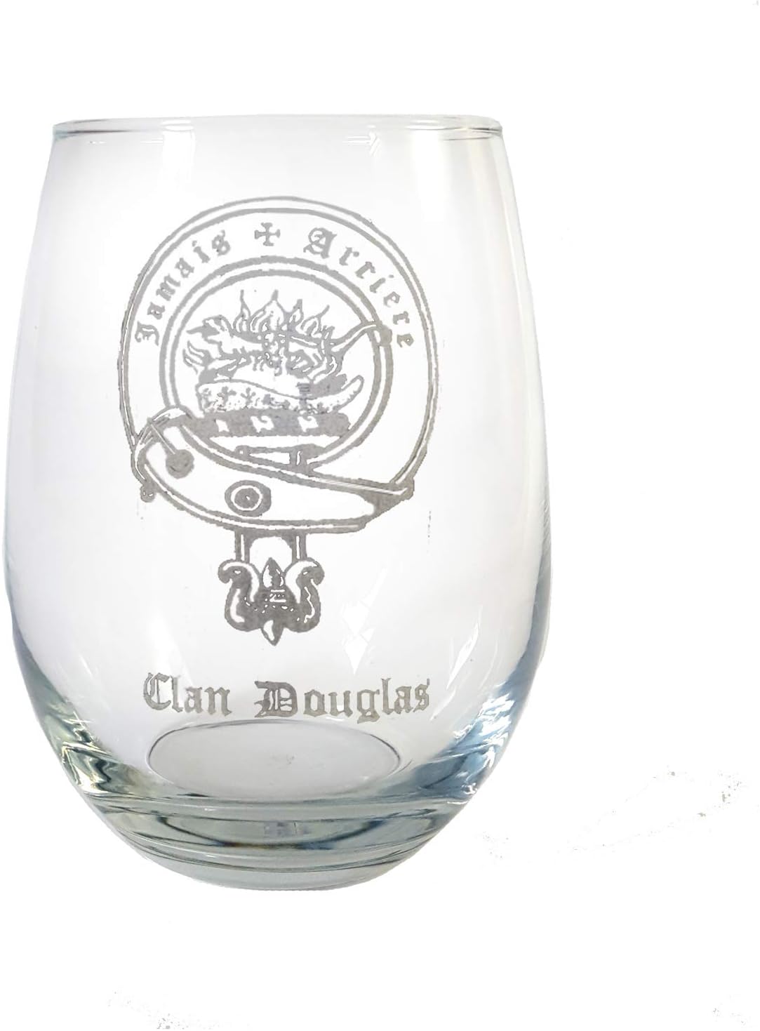Douglas Scottish Clan Crest Stemless Wine Glass 18oz – Personalized Heraldic Engraving
