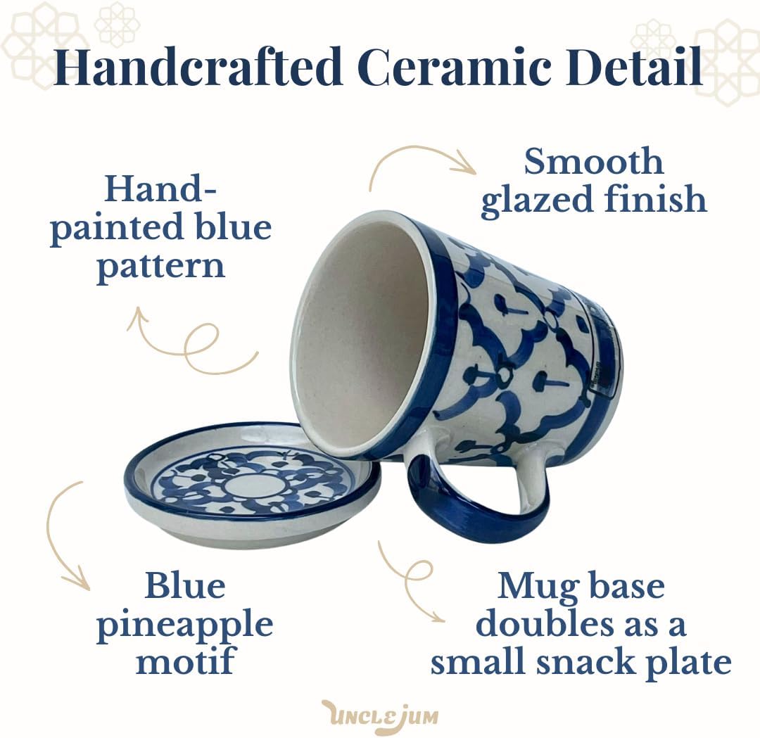 Ceramic Coffee Mug with Saucer – Thai Blue Pattern Small Cup Set, 8 cm Mug with Multi-Use Saucer Lid for Coffee or Tea (2)