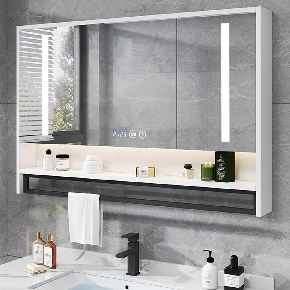 LED Lighted Bathroom Mirror Anti-Fog, HD Mirror Cabinet with Touch Switch, 3-Layer Storage Shelf, Clock Display, Solid Wood Bathroom Cabinet (Color : B, Size : 70CM)