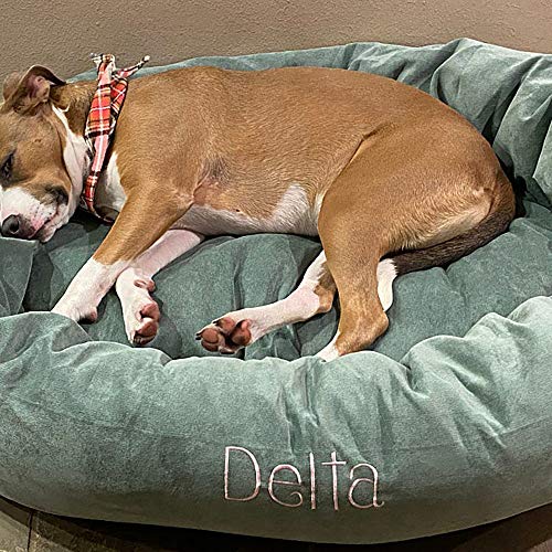 Image of Majestic Pet Personalized Bagel Dog Bed - Machine Washable - Soft Comfortable Sleeping Mat - Durable Bedding Supportive Cushion Custom Embroidered - Available Replacement Covers - Medium Blue