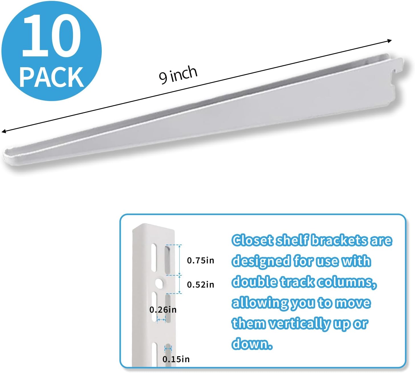10 Pack 9‑Inch Adjustable Wire Shelf Brackets – Heavy‑Duty Double‑Track Closet & Wall Shelving System Supports（White）