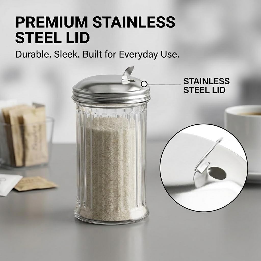 Sugar Pourers with Stainless Steel Pour-fip Lid, Clear Plastic Suger Shakers/Dispenser with 12 Oz. (360 ml) Capacity by GEEX DEPOT (Pack of 2)