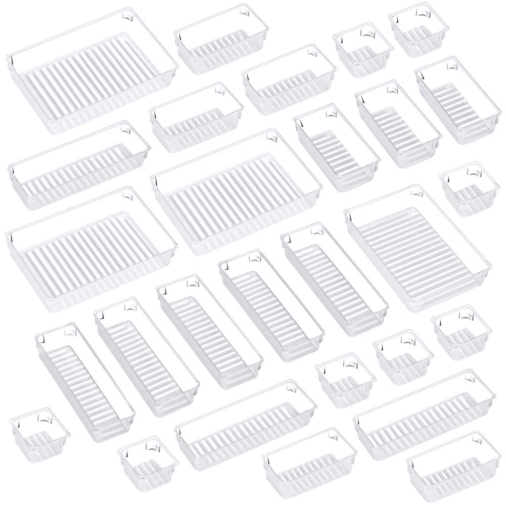 Kootek28-Piece Clear Plastic Drawer Organizer Set, 4-Size Bathroom Drawer Organizers Makeup Trays Vanity Desk Dividers Versatile Storage Bins for Dresser, Kitchen, Office