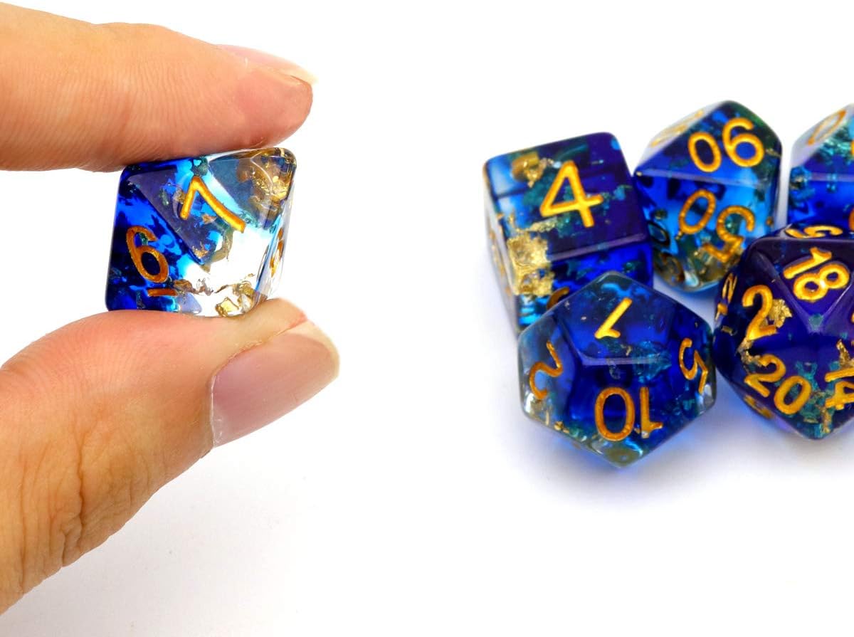 PJOY Resin DND Dice Set Blue Polyhedral D&D Dragon Dice for Dungeons and Dragons Pathfinder Shadowrun Role Playing Games-Navy Blue Clear Gold Flakes