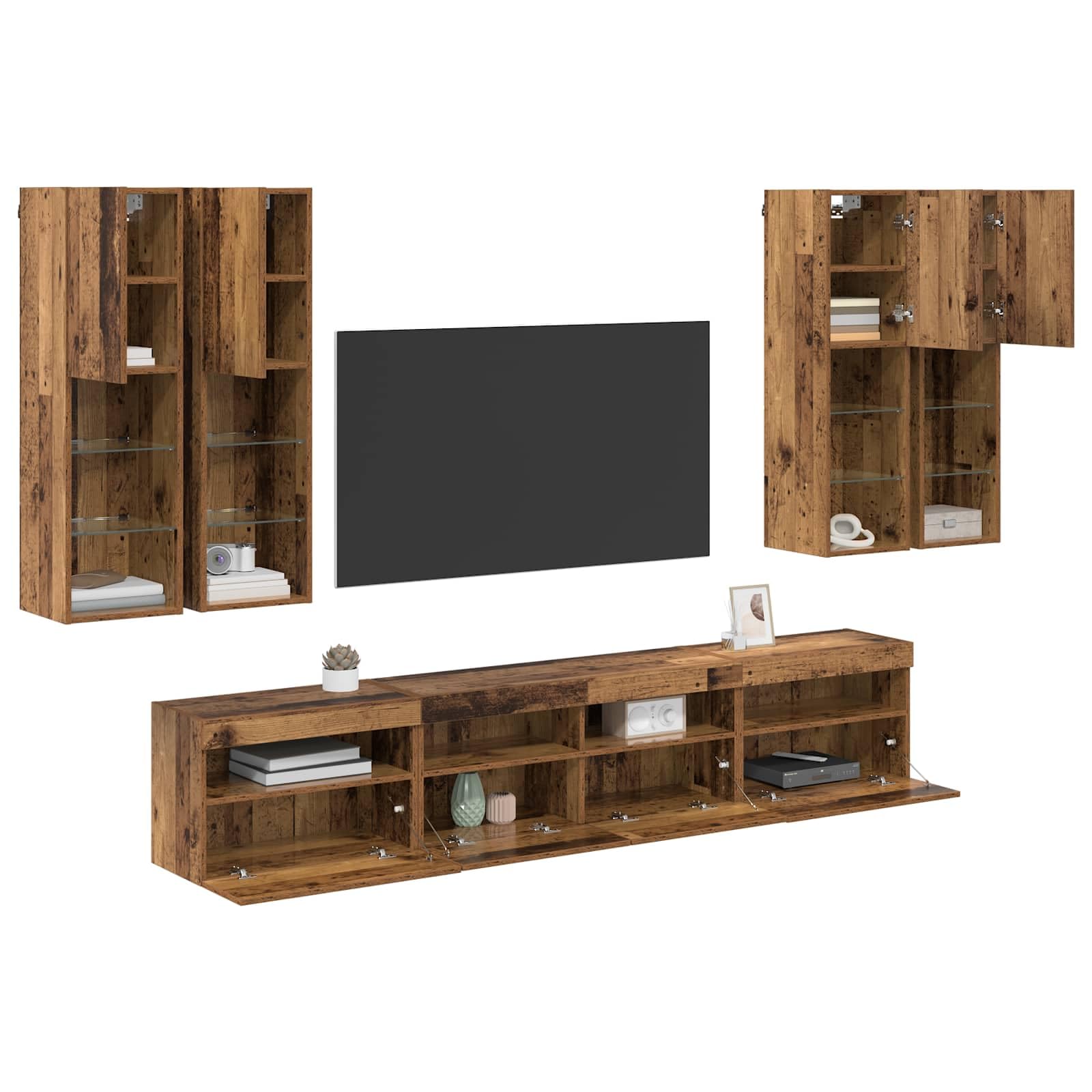 Mueble de pared para TV con luces LED, 7 piezas, aspecto de madera envejecida, 100 x 30 x 40 cm, diseño moderno para sala de estar, centro de entretenimiento