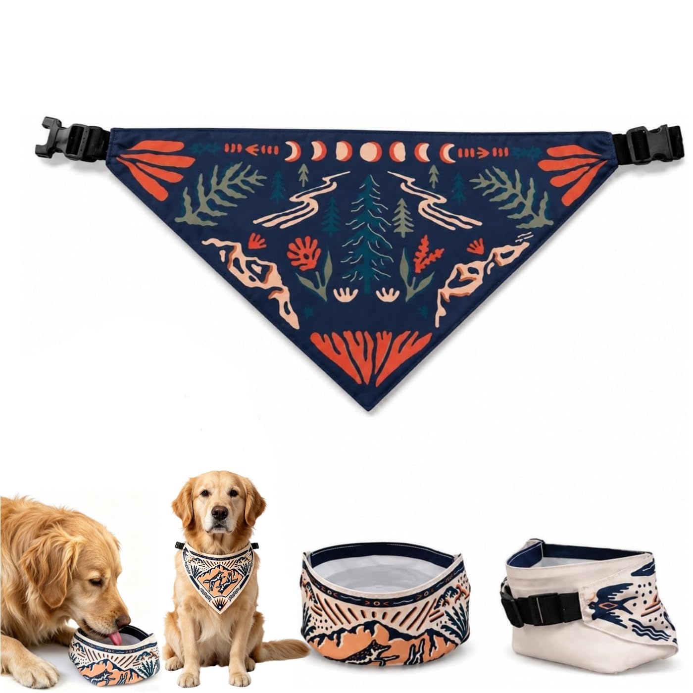 2 in 1 Reversible Dog Bandana Water Bowl,Portable Collapsible Lightweight Spill-Proof TPU Travel Hydration Feeding Bowl, Adjustable Wearable Bandana Bowls for Outdoor Hiking Camping